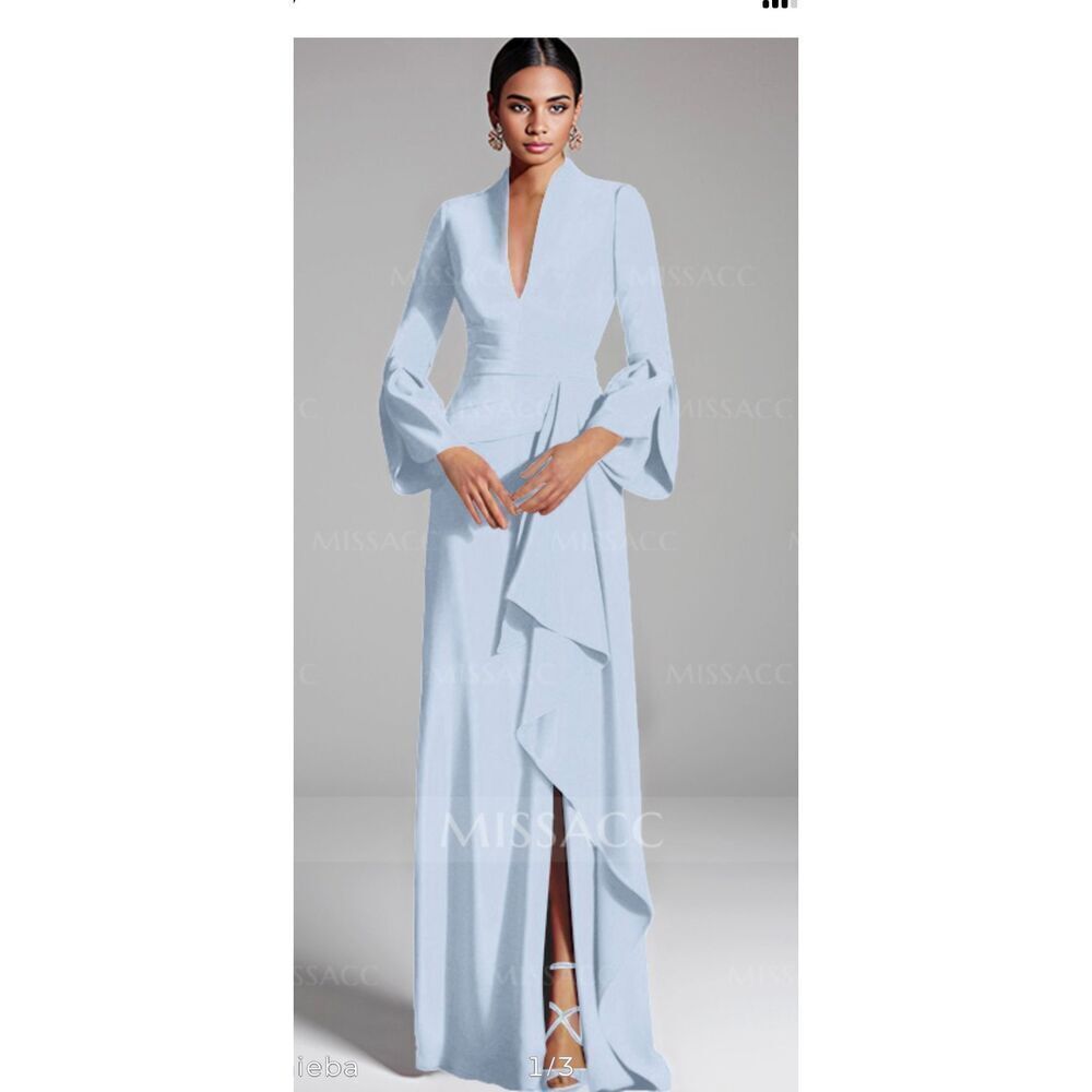 Missacc Flattering Plunge Neck Bell Sleeves Cascading Ruffled Waist Wedding Brid
